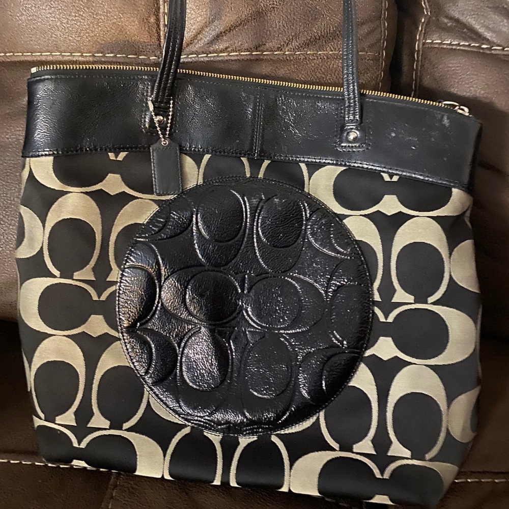 Coach Black and Cream Tote with logo all over bag